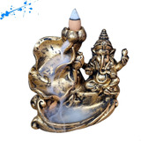 Incensario Cascata Folha Flor Ganesha Meditando Dourado