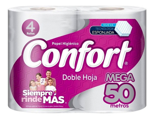 Papel Higiénico Confort Mega Doble Hoja 50 Metros 4 Rollos