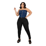 Calça Jeans Preta Plus Size E Cropped Botões Conjunto Jeans