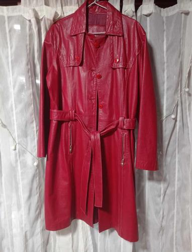 Tapado De Cuero Vintage Rojo Trench Piloto Usado Impecable