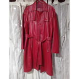 Tapado De Cuero Vintage Rojo Trench Piloto Usado Impecable