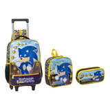 Kit Mochila Rodinha Sonic Com Estojo E Lancheira Infantil