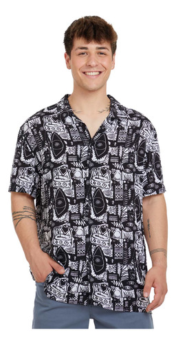 Camisa Guayabera Print Negro Hombre Fashion's Park