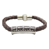 Pulsera Cuero Trenzado Marron Flor Heraldica Cierre Con Iman