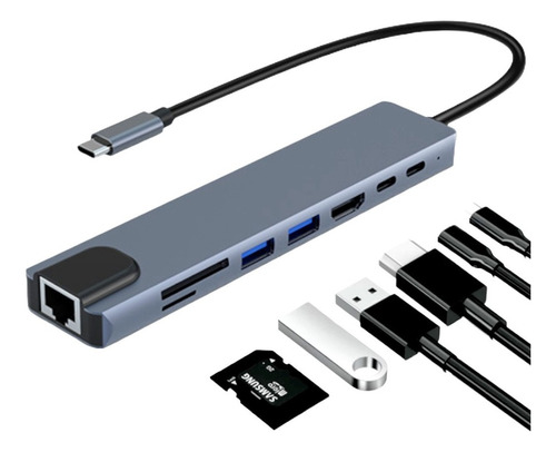 Adaptador Tipo C Con 8 Puertos / Tipo C Sd Micro Sd Usb Hdmi