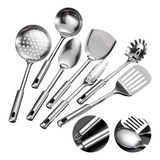 Set 7 Utensillos Cocina Acero Cucharon Espumadera Espatula