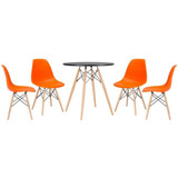 Kit Mesa Jantar Eames Wood 70 Cm 4 Cadeiras Eiffel Cores Cor Da Tampa Mesa Preto Com Cadeiras Laranja