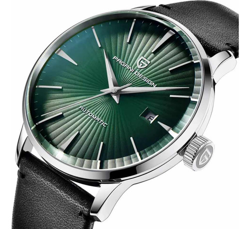 Reloj Pagani Design Automático Verde Y Plata Malla Cuero