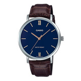 Reloj Pulsera Casio Mtp-vt01 Con Correa De Cuero Color Marrón - Fondo Azul - Bisel Plateado