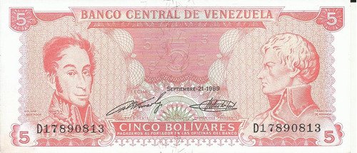 Venezuela 5 Bolivares 21 Septiembre 1989