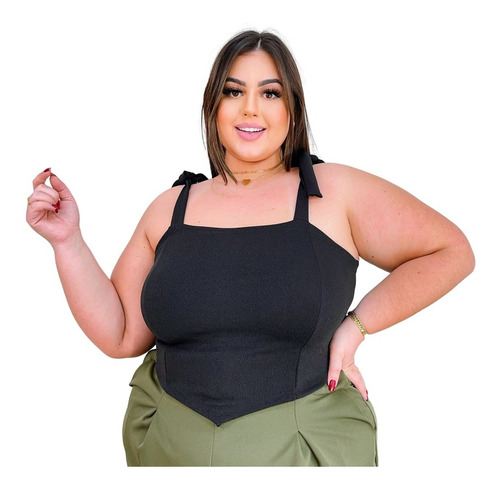 Blusa Cropped De Bico Feminino Metalizado Plus Size Amarrar