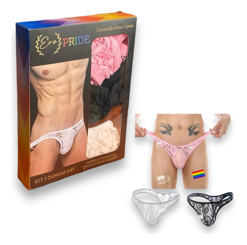 Conjunto 3 Tangas Sexys Encaje Gay Lencería Erótica Lgbt Kit