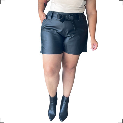 Short Plus Size Cintura Alta Tecido Corino Bermuda Feminina