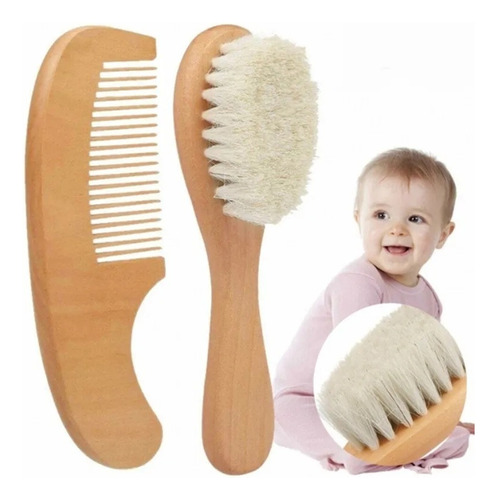 Kit Cepillo Lana Natural Y Peine De Madera Para Bebe