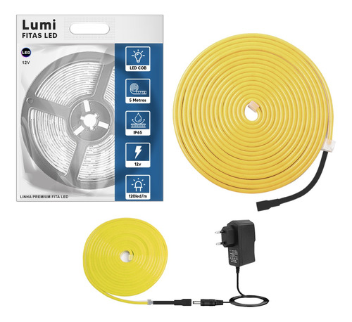 Mangueira De Fita Led Neon Lumi 5m Flexível 12v A Prova D'água Amarelo Com Fonte Alimentaçao