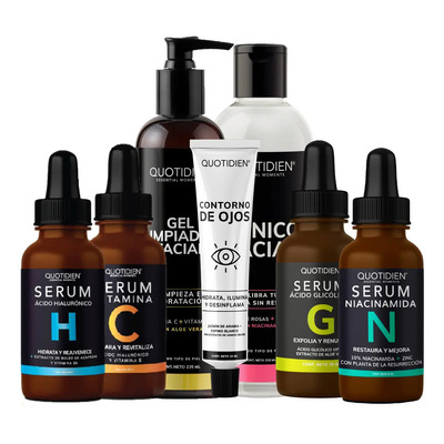 Kit Limpiador Facial + Tonico Facial + Serum Vitamina C + Suero Acido Hialuronico + Serum Niacinamida + Suero Ácido Glicolico + Gel Contorno De Ojos Quotidien Kit Hidratacion Facial - Paquete | Meses sin interés