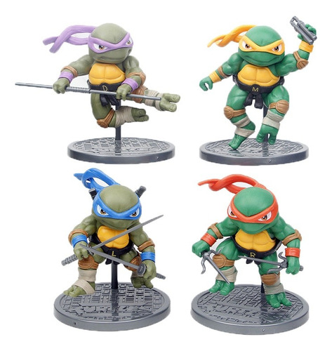 Figuras Tortugas Ninja Set X4 Mini Pvc Base Armas Ninja