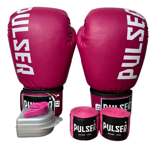 Kit Boxe Muaythai Feminino Luva 12 Band Bucal Thunder Pulser