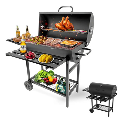 Asadores carbon de barril móvil con ruedas termómetro y mesa auxiliar acero inoxidable negra,asador De Carbón Para Jardín Parrillas Gran Área Para Carne Fofodio | Envío gratis