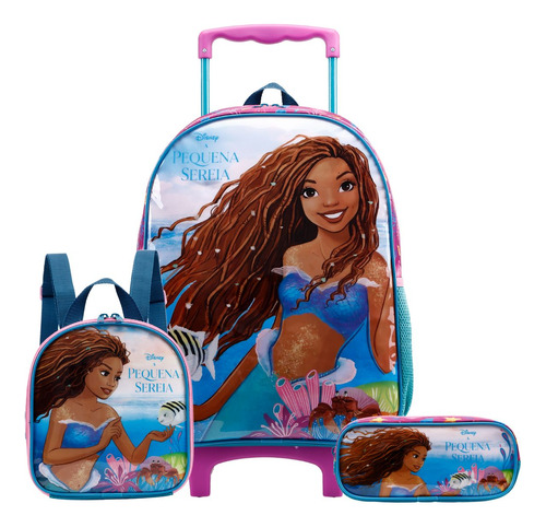 Kit Mochila Rodinhas Lancheira Estojo Pequena Sereia Disney