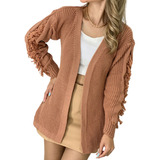 Cardigan Feminino Tricô Casaco Kimono Manga Longa Detalhes