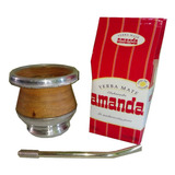 Kit Matero- Mate Madera Con Apliques - Bombilla - Yerba Mate