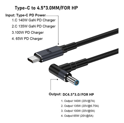 Cable Usb Tipo C A Dc De 180 Cm, 20 V, 7a, Para Hp/dell/asus