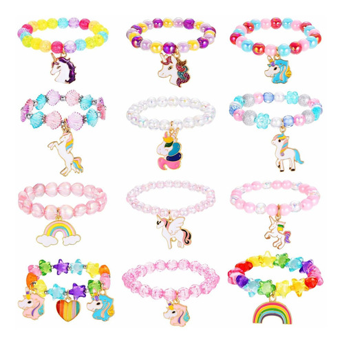 12 Unidades De Coloridas Pulseras De Unicornio Con Cuentas D