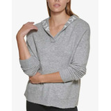 Calvin Klein V-neck Logo Hood Sweater Heather Granite P/dama
