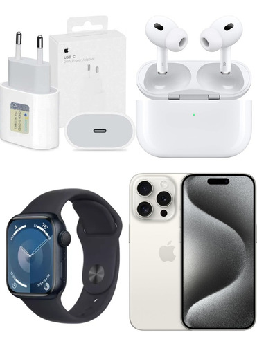 iPhone 15 Pro Max Branco, Fonte, AirPods Pro E Apple Watch 9