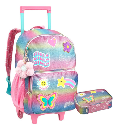 Kit Mochila De Rodinha E Estojo Escolar Infantil Arco-iris