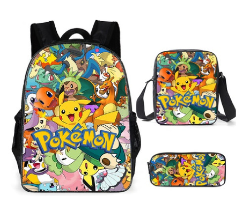 3 Unidades Pokémon Pikachu Mochila Escolar Lancheira Saco La
