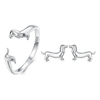 1conjunto De Brincos E Anel Dachshund Em Prata 925. Joia1