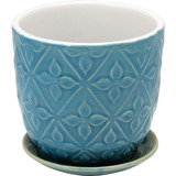 Cachepot Cerâmica Azul Prato Acoplado Suculenta Planta Flor