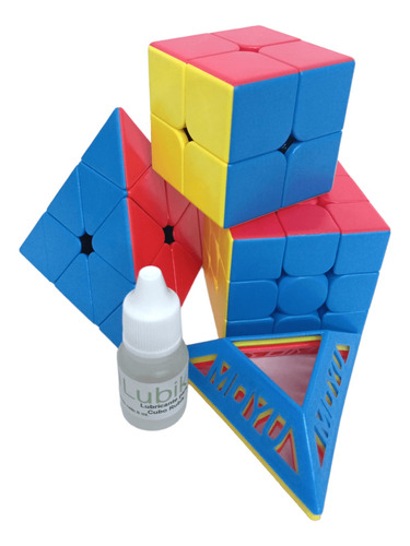 Paquete Cubos Moyu 2x2 + 3x3 + Piramide + Lubricante + Bases