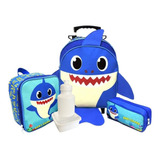 Kit Mochila Infantil Baby Shark Rodinha Tam M Papai Tubarão Azul