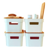 Set 4 Cajas Canastos Tapa Bambu Organizador Baño Nordico