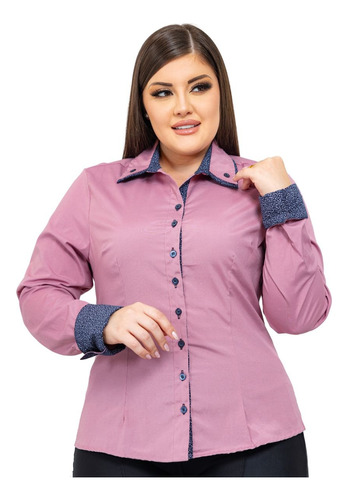 Camisa Manga Longa Detalhe Na Gola Plus Size 