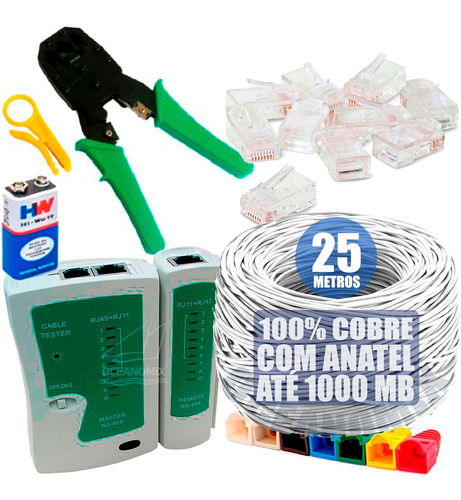 Kit 25mt Cabo Rede Utp Testador Alicate 20 Plugs Rj45 Capa