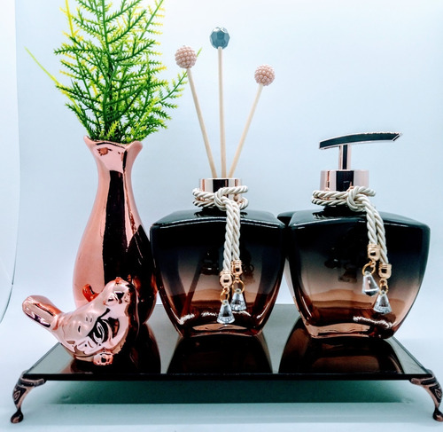 Kit Lavabo Banheiro Luxo Degrade Rose Gold Difusor Bandeja