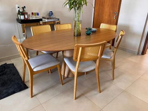 Mesa De Jantar Cone Oval 180x100cm + 6 Cadeiras Em Madeira