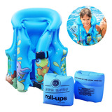 3pz Niño Chaleco Flotador Animado Inflable Salvavida Y Brazo