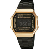 Reloj Pulsera Digital Casio A-168 Con Correa De Acero Inoxidable Color Negro - Bisel Dorado