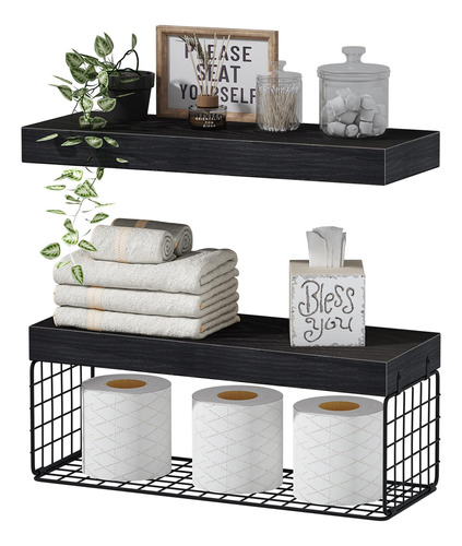 2 Estantes Estilo Rusticos Flotantes Pared Para Baño Negro