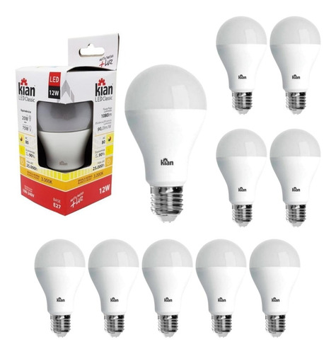 Kit 10 Lâmpadas Led Pera 12w 3000k À 6500k Bivolt - Kian