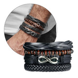  Pulsera Hombre Set 4 En 1 Pulseras Cuero Genuino Infinito