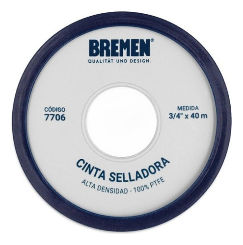 Cinta De Teflonn Alta Densidad 3/4  40mt Bremen 7706 Color Blanco