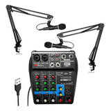 Mesa Som Mx-4bt 4 Canais + 2 Microfones Home Studio Podcast Cor Preto