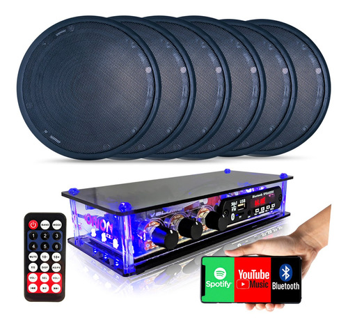 Kit Som Ambiente 6 Arandelas Pretas 6'' C/ Amplificador Bt