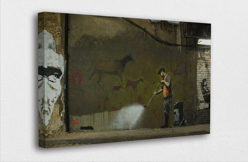 Quadro Em Canvas Banksy Homem Removendo Grafite Parede